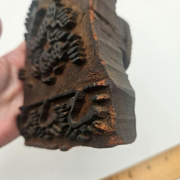 Antique Hand Carved Wood Textile Dragon Mythological Pattern Fabric Stamp Block - Picture 4 of 12